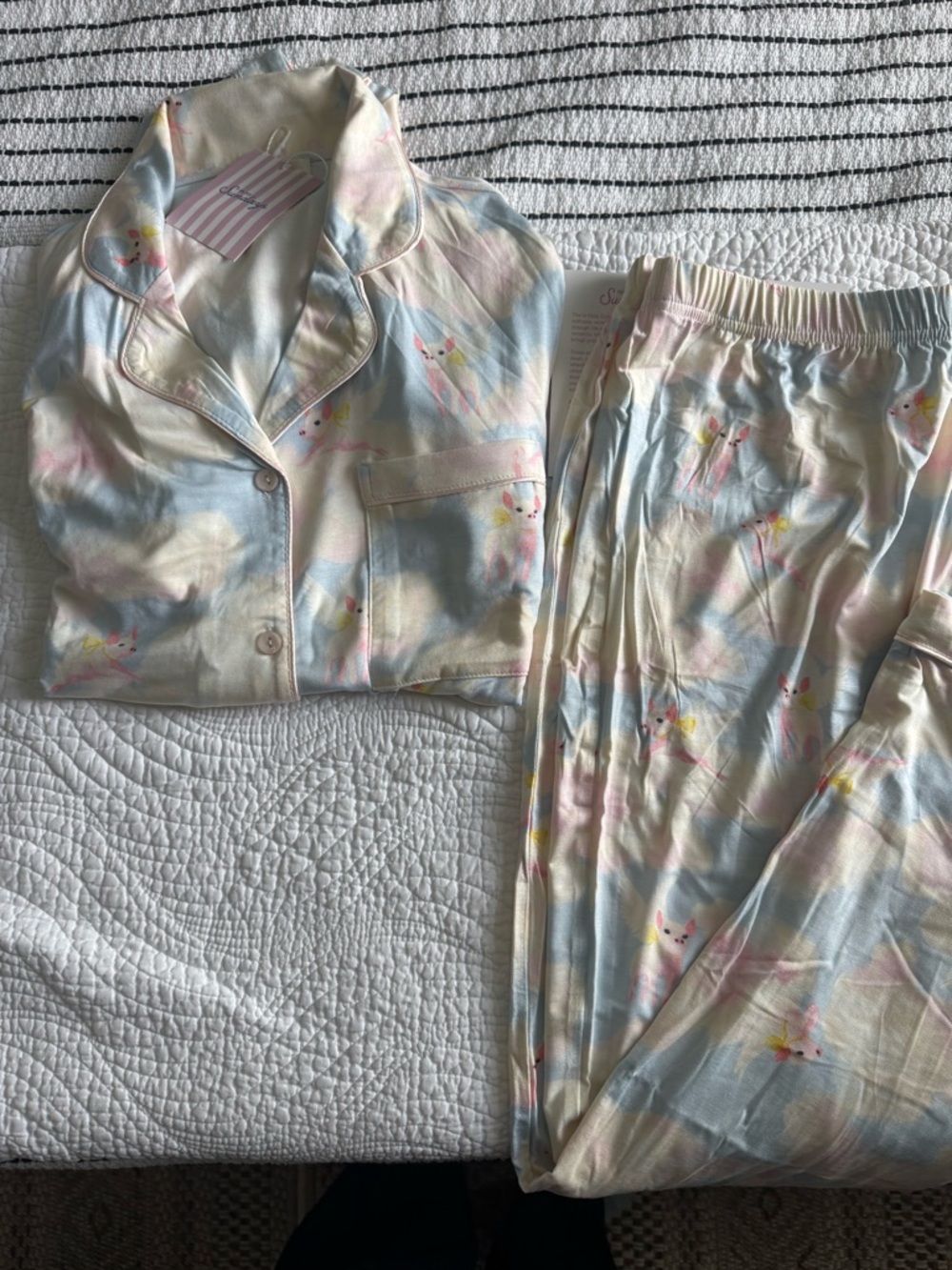 Pastel flying pig Print Pajama Set - Soft Blue, Pink & Cream
